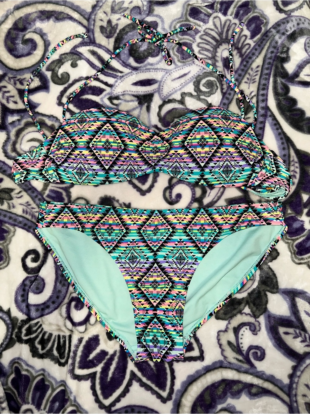 No Boundaries Multicolor Aztec Print Two-Piece Swimsuit with Mint Accents